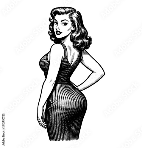 Elegant Woman Posing with Hand on Hip in Striped Dress Black and White Pinup Style Illustration