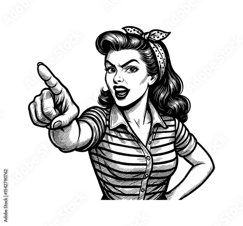 Retro Woman Pointing Finger with an Intense Expression in Black and White Illustration