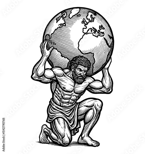 Engraved Illustration of Atlas Kneeling and Holding World Globe on His Shoulders