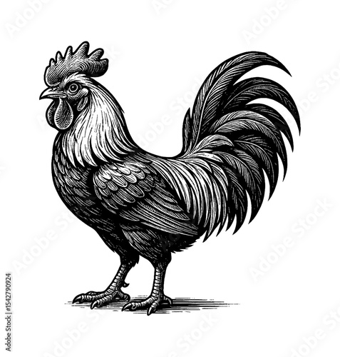 Detailed Black and White Engraving of a Rooster Standing Profile with Feathered Tail