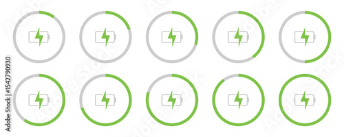 Battery Charging Indicator Icons Set – Green Power Level Progress with Lightning Symbol Vecto illustration.