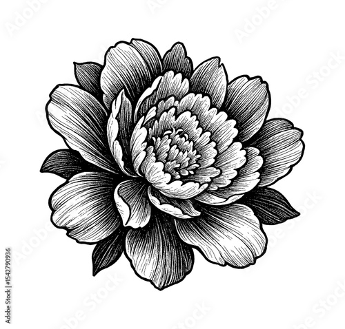 Detailed black and white engraving of a peony flower with shaded petals and delicate lines