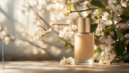Light-filled image of a beige liquid foundation bottle nestled amongst blossoming spring flowers