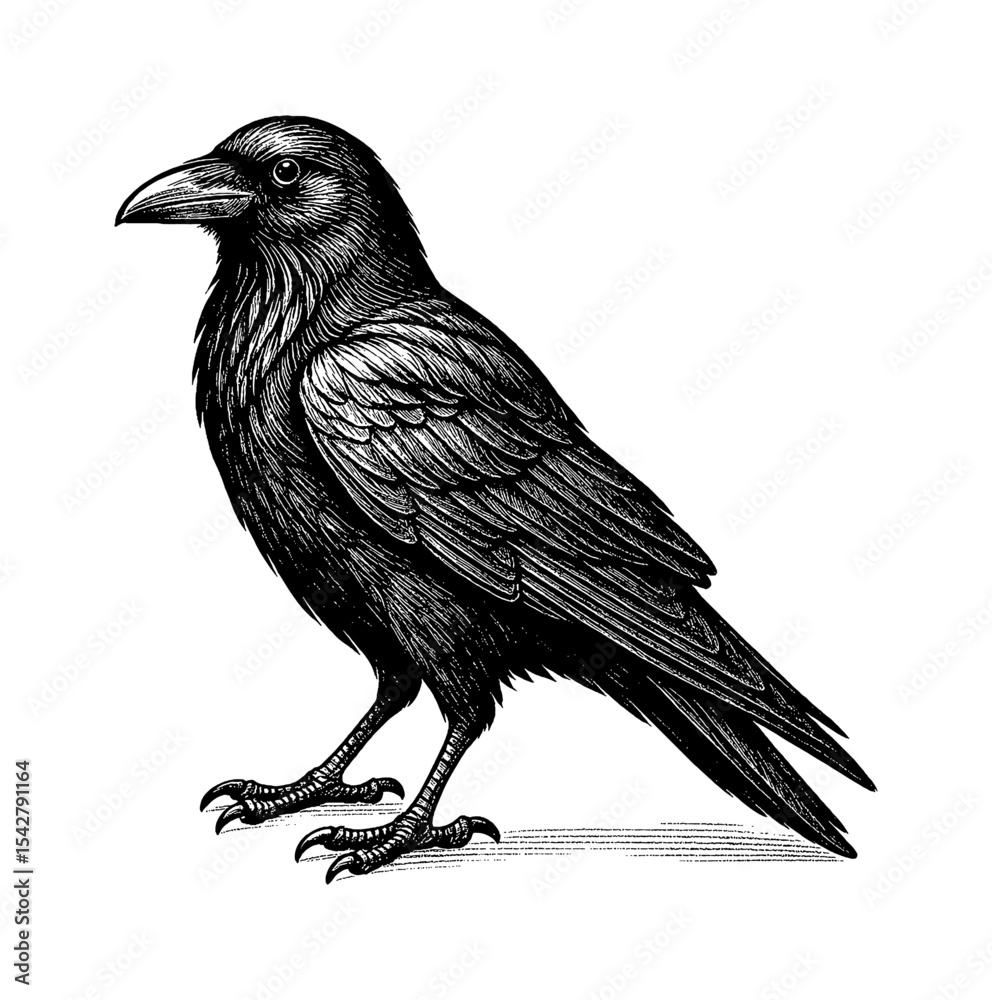 Fototapeta premium Detailed Engraved Illustration of a Raven Perched with White Background