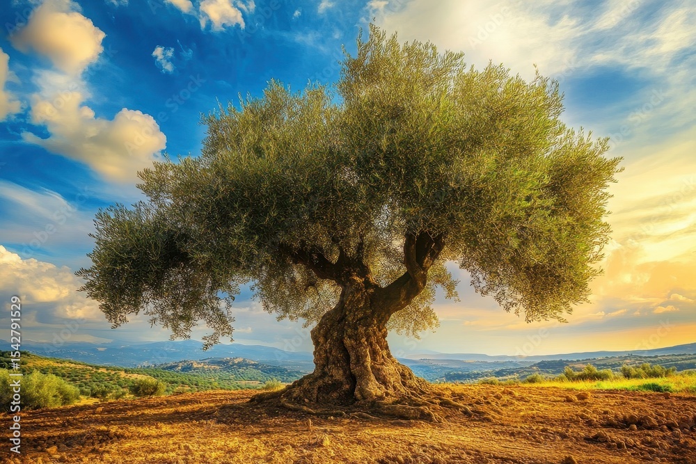 Fototapeta premium Sunset over olive tree in rural countryside showcasing picturesque plantation landscape, Olive tree garden Countryside plantation rural landscape