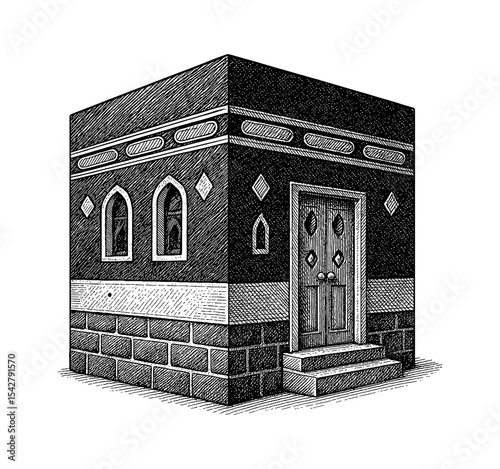 Illustration of the Kaaba in Mecca, Saudi Arabia with Detailed Engraved Lines and Traditional Design
