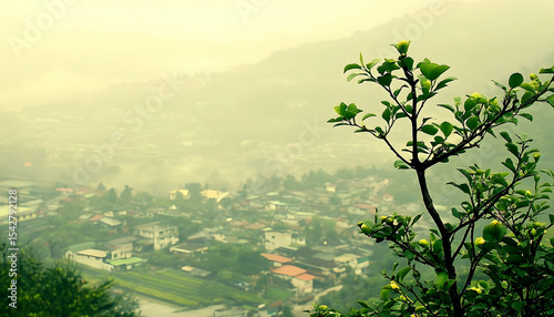 Misty Mountain Village Vista Framed by Lush Green Foliage in Sof