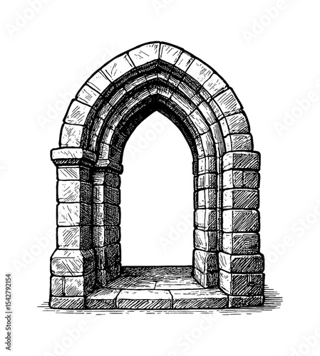 Detailed Hand Drawn Illustration of Stone Archway Entrance in Black and White