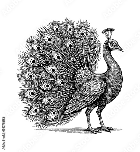 Elegant Peacock with Detailed Feathers in Black and White Engraved Illustration Style