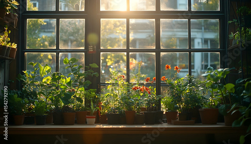 Sunlit Window Garden with Potted Plants and Orange Flowers