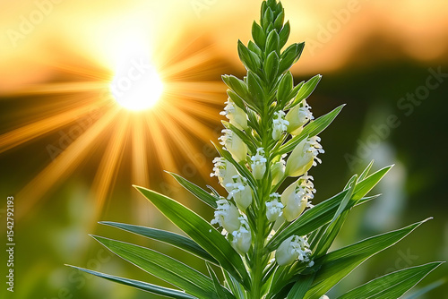 Radiant Sunburst Illuminating White Flower Spike with Green Leav