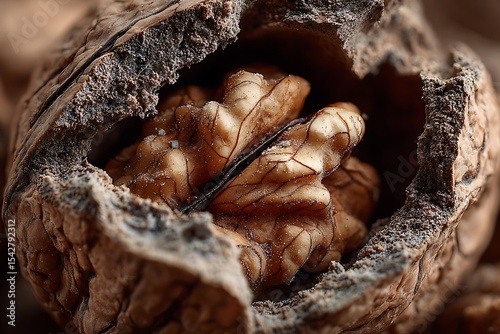 Close-up of an open walnut shell, showcasing the inside with one single dried and cracked nut.