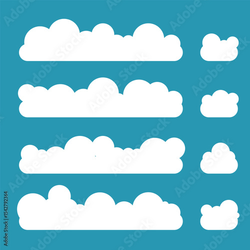 Flat cloud. Simple cloudy shapes. Cartoon white puffy, fluffy and cumulus clouds in blue sky. Abstract comic weather elements