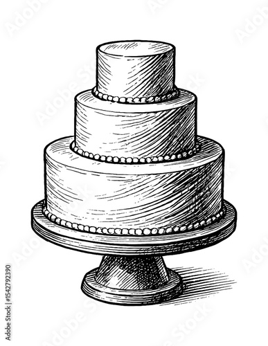 Detailed Vintage Illustration of a Three Tiered Cake with Pearls on a Pedestal Stand