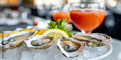 Elegant seafood presentation with oysters on a bed of ice, garnished with lemon and a Bloody Mary in the background. 