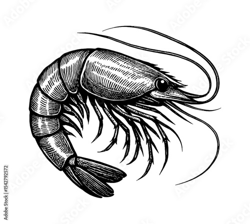 Detailed Engraving Style Illustration of a Single Shrimp on White Background