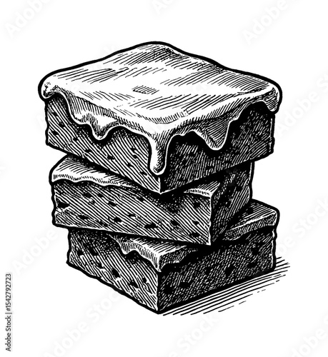 Stack of Brownies with Frosting in Detailed Black and White Crosshatch Shading Illustration