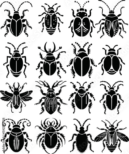 Collection of vector black silhouettes of bugs isolated on white background. Doodle insects. Nature and biodiversity insects specie. Simple illustration of beetles icon for web.