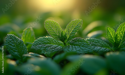 Backlit Mint Leaves Detail with Visible Veins and Soft Focus Bac