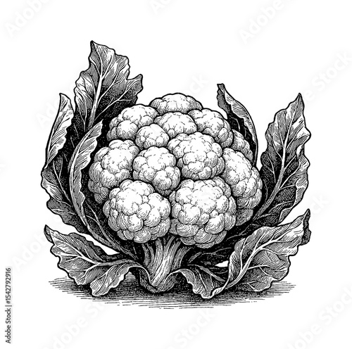 Detailed Engraving of Cauliflower with Leaves in Black and White Style Isolated