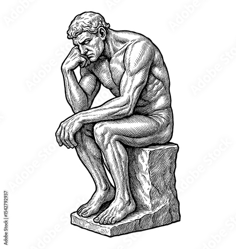 The Thinker Sculpture Engraving,  a nude man sitting with his chin on his hand