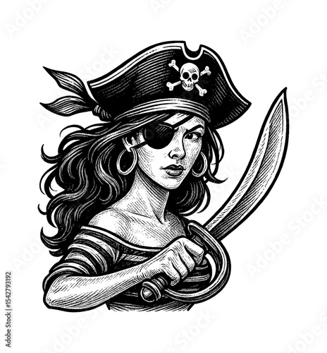 A determined woman in a pirate costume holding a sword with confident look drawing