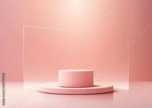 minimalist pink podium mockup 3d render, cylindrical stand on circular base, product display showcase on soft backdrop