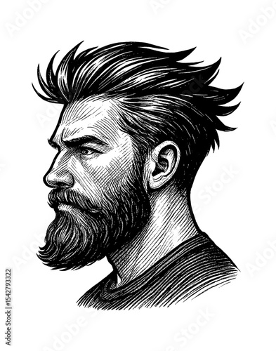 Detailed Engraved Portrait of Man with Beard in Profile Black and White Illustration