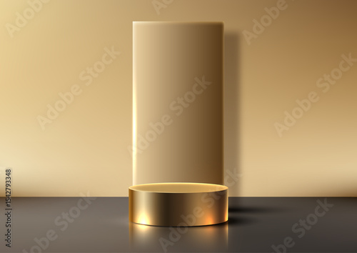 luxury gold cylindrical podium mockup on reflective surface 3d for product display showcase elegant modern award