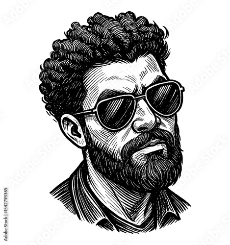 Serious man with beard wearing sunglasses, line art drawing, black and white style vector