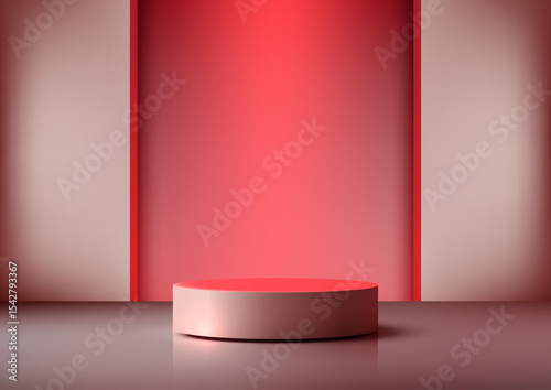 modern red cylindrical podium on reflective surface 3d mockup for product display showcase with vibrant backdrop and depth