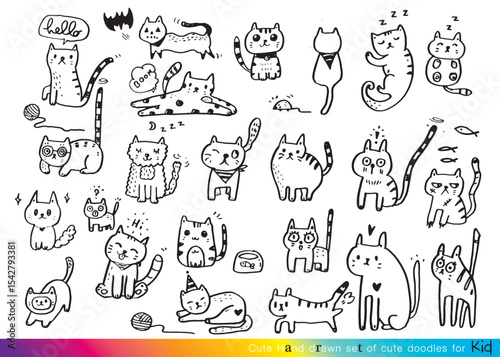  Cute cat doodle vector design,Cat hand drawn doodle cartoon, cat vector illustration, cute animal