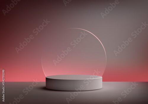 minimalist gray cylindrical podium on dark background with red gradient lighting for product display mockup