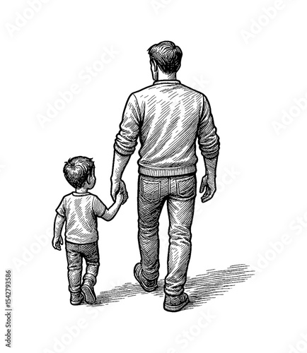 Father and Son Walking Hand in Hand Away from Viewer in Detailed Black and White Engraving