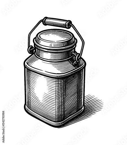 Detailed Engraving of a Vintage Metal Milk Can with Handle on White Background