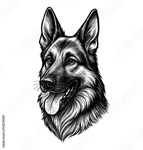Detailed Engraved Portrait of German Shepherd Dog with Open Mouth and Tongue Out