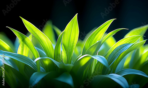 Radiant Green Leaves Against Dark Backdrop: A Study in Light and