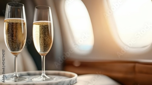 Two champagne glasses on a marble table inside an airplane cabin with a window view.