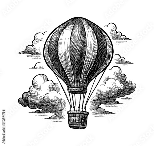 Detailed Engraving of a Hot Air Balloon Floating in a Cloudy Sky in Black and White
