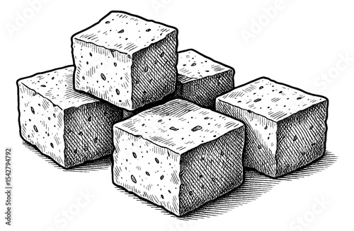 Hand drawn illustration of five sugar cubes in black and white detailed vector art