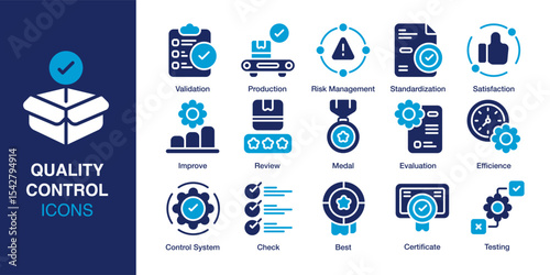 Quality Control Icon Set. Containing Validation, Risk Management, Evaluation, Certificate, Control System, and Testing. Solid vector icons collection. Vector illustration.