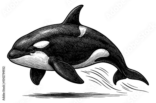 Engraving of a Killer Whale Leaping Out of the Water in Black and White Detailed Line Art