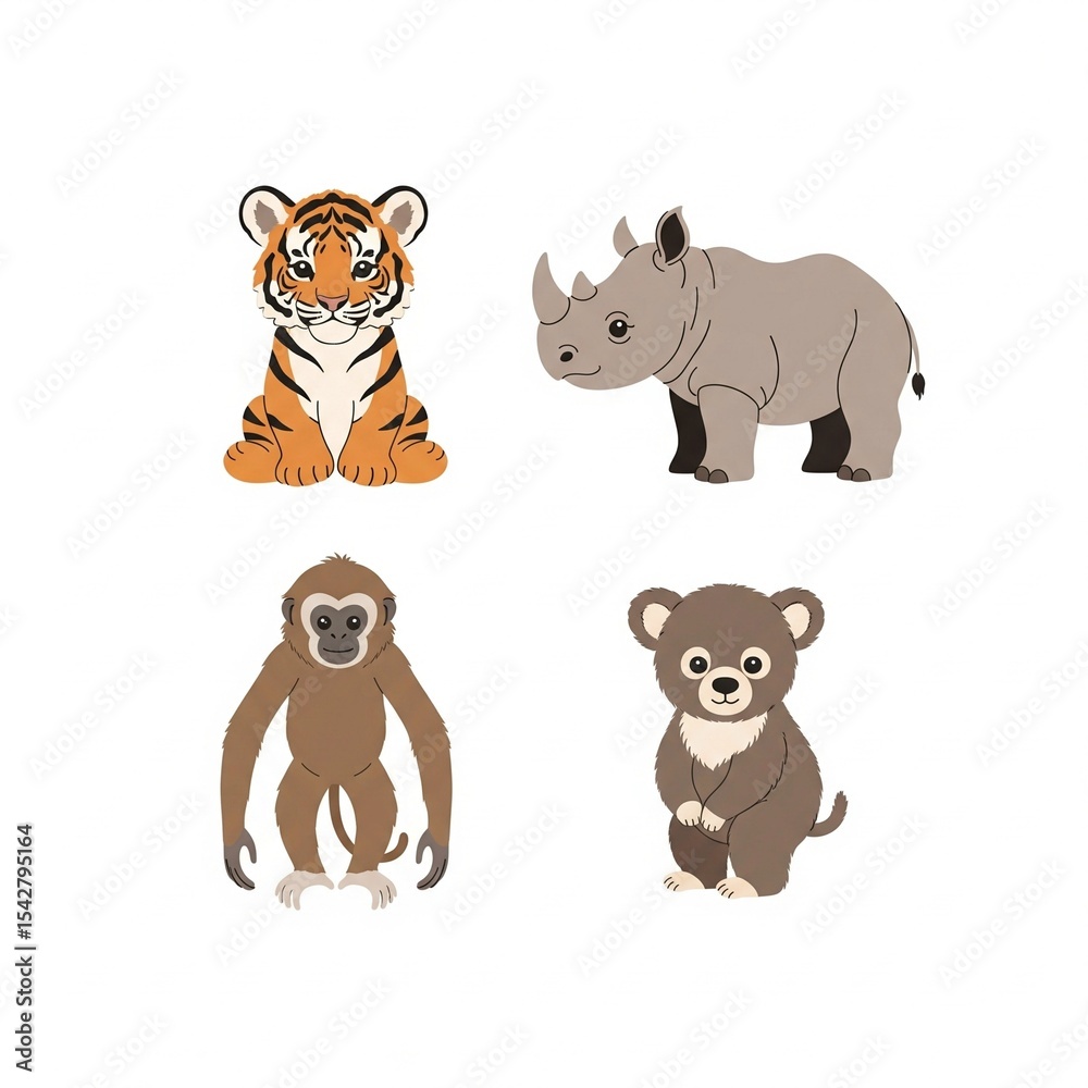 Obraz premium Endangered Baby Mammals of Indonesia Vector Set – Sumatran Tiger, Javan Rhino, Javan Gibbon, Bear Cuscus