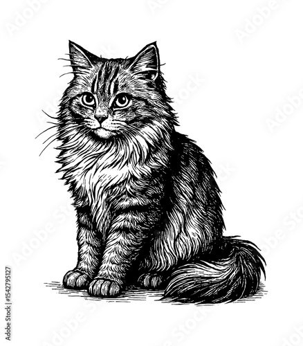 Detailed Black and White Line Art Drawing of a Long Haired Cat Sitting and Looking Straight