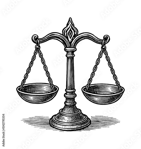Detailed Engraved Illustration of Scales of Justice Balance Weighing Equity