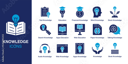 Knowledge icon set. Containing Test Knowledge, Education, Search Knowledge, Apps Education, Audio Knowledge, and Book Knowledge. Solid vector icons collection. Vector illustration.