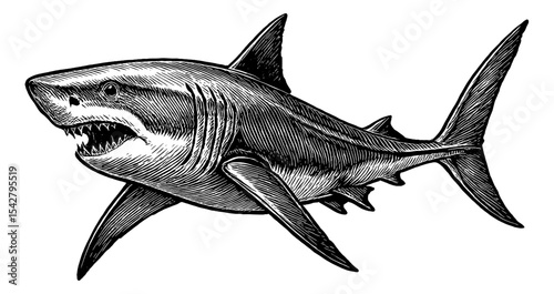 Engraved Illustration of a Great White Shark with Open Mouth and Sharp Teeth