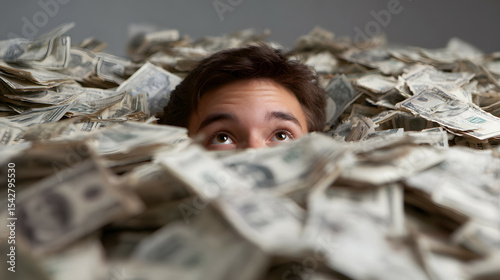 A view of a man buried in money and looking up