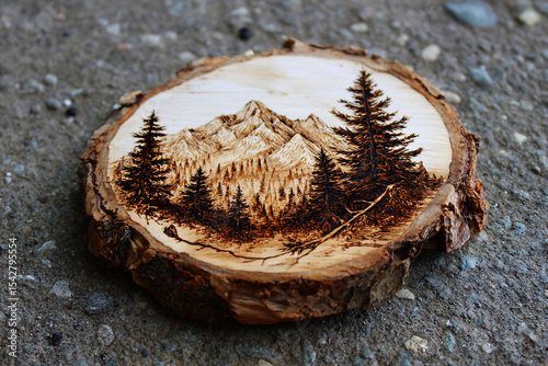 custom woodburning art of forest scene on birch slice, detailed pyrography, handmade wood art