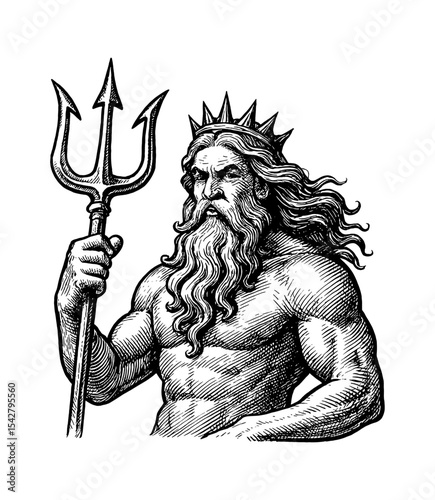 Engraving of Poseidon Holding Trident with Crown and Long Beard in Black and White
